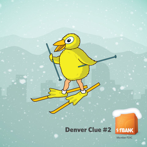 Today's (1/15) clue! Be the first to find this costumed skier on one of the 21 FirstBank posters in Denver bus shelters, snap a photo, upload to Instagram and tag @efirstbank to win! (Graphic: Business Wire)