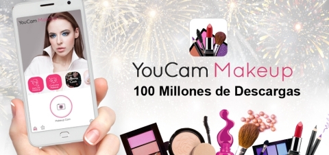 Perfect Corp. se enorgullece en anunciar que YouCam Makeup ha alcanzado la monumental marca de 100 millones de descargas en todo el mundo para iOS y Android, haciéndola la aplicación de maquillaje digital más descargada del mundo. (Graphic: Business Wire)