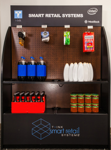 WestRock endcap merchandising display featuring T+ink smart shelf and smart peg technology (Photo: Business Wire)