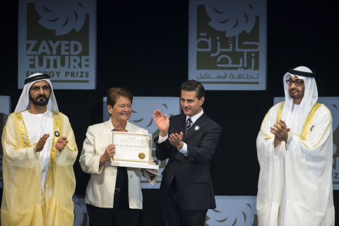 HH Sheikh Mohammed bin Rashid Al Maktoum, Vice-President, Prime Minister of the UAE and Ruler of Dubai (L), HH Sheikh Mohammed bin Zayed Al Nahyan, Crown Prince of Abu Dhabi, Deputy Supreme Commander of the UAE Armed Forces (R), and HE Enrique Pena Nieto, President of Mexico (2nd R), present the Zayed Future Energy Prize Lifetime Achievement award to Dr. Gro Harlem Brundtland, former Prime Minister of Norway, current Special Envoy with the United Nations, and the Deputy Chair of The Elders (2nd L), during the opening ceremony of the World Future Energy Summit 2016, as part of Abu Dhabi Sustainability Week, at Abu Dhabi National Exhibition Centre (ADNEC). (Philip Cheung / Crown Prince Court - Abu Dhabi)(Photo: ME Newswire)