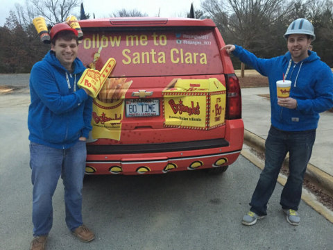 Bojangles' branded vehicle, co-piloted by two unassuming junior marketing staffers Cliff and Colby, departed early Monday from the Company's home base in Charlotte, NC and plans to stop at several Bojangles' restaurants, college campuses and national landmarks on the way to Santa Clara. #Tea4PantherNation
(Photo: Business Wire)