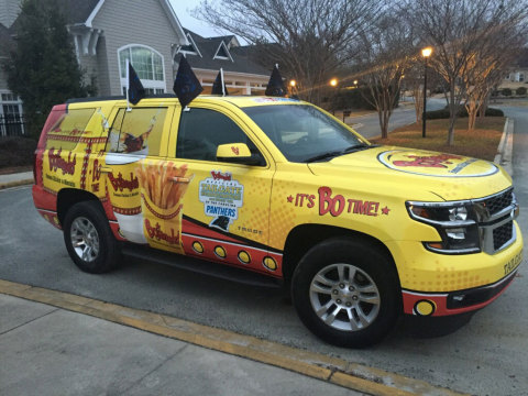 Bojangles' branded vehicle, co-piloted by two unassuming junior marketing staffers Cliff and Colby, departed early Monday from the Company's home base in Charlotte, NC and plans to stop at several Bojangles' restaurants, college campuses and national landmarks on the way to Santa Clara. #Tea4PantherNation
(Photo: Business Wire)
