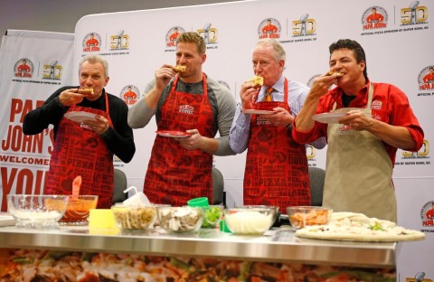 The Papa John's team celebrates the launch of its Quality Guarantee at Super Bowl 50. (Graphic: Business Wire)