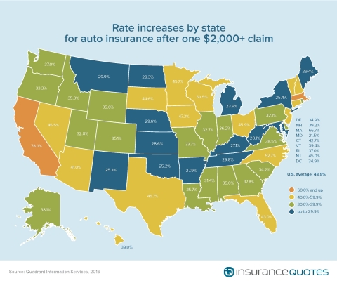 Rate increases by state for auto insurance after one $2,000+ claim (Graphic: Business Wire)