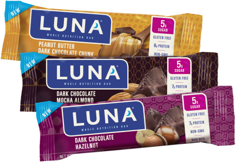 LUNA's new dark chocolate flavors include Peanut Butter Dark Chocolate Chunk, Dark Chocolate Mocha Almond and Dark Chocolate Hazelnut, each with 5g of sugar. (Photo: Business Wire)