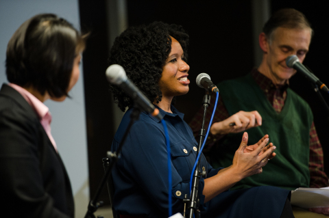 Moderator Natasha Chen and panelists Nela Richardson and Ed Lazowska. Credit: Jane Gershovich