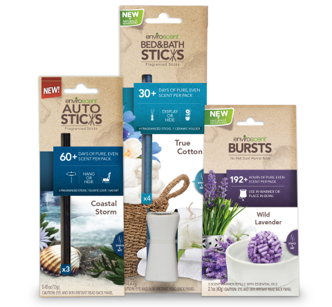 Made with natural ingredients, the new EnviroScent Bursts, EnviroScent AutoSticks and EnviroScent Bed & Bath Sticks offer an alternative to chemical-laden home fragrances. (Photo: Business Wire)