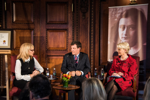 Katrina Lantos Swett, Nicholas Kristof and Cindy McCain discuss combatting human trafficking at the Anne Frank Award ceremony. (Photo: Business Wire)