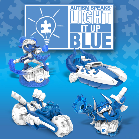 In partnership with Autism Speaks, Skylanders® is recognizing kids and families affected by autism by offering limited edition toys – the Power Blue Skylanders SuperChargers. The Power Blue roster includes Trigger Happy, Splat, Splatter Splasher and Gold Rusher, all of which appear in-game as their special colors. The toys are available now in the U.S. and Europe, and starting April 1 in Canada to help Portal Masters show their support for Autism Awareness Month and World Autism Day on April 2. (Photo: Business Wire)
