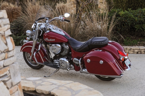 Indian Motorcycle expands its lineup with the all-new 2016 Indian Springfield; a pure, essential touring bike that transforms into a lean urban cruiser in minutes. Shown in Indian Motorcycle Red. MSRP starting at $20,999 (US). Photo c/o Barry Hathaway
