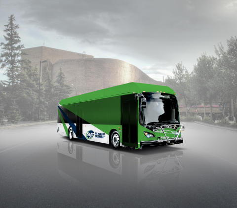 Rendering of St. Albert's long-range, battery-electric bus, supplied and manufactured by BYD. (Photo: Business Wire)