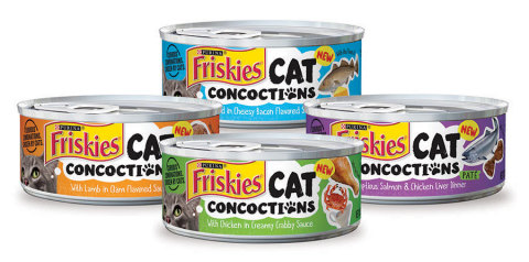 NEW Friskies Cat Concoctions features flavor varieties that include a mashup of unexpected flavors that only a cat could think of, such as: Chicken in Creamy Crabby Sauce, Cod in Cheesy Bacon Flavored Sauce, Lamb in Clam Flavored Sauce and Scrumptious Salmon & Chicken Liver Dinner Pate. (Photo: Business Wire)