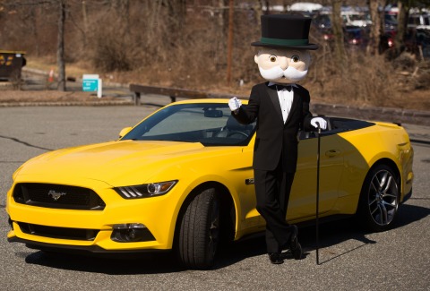 MR. MONOPOLY gears up to enjoy a ride in a Ford Mustang in celebration of the MONOPOLY EMPIRE game and World MONOPOLY Day on March 19, 2016. (Photo: Business Wire)