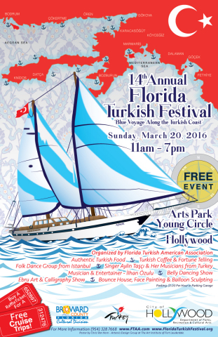  The Florida Turkish American Association (FTAA) is proud to present “Blue Voyage Along the Turkish Coast” in celebration of Turkey’s magnificent coastline with a day of Turkish music, dance, art and culture at the 14th Annual Florida Turkish Festival on Sunday, March 20, 2016 from 11:00 am to 7:00 p.m. at Arts Park, Young Circle, Hollywood, Florida. (Photo:Business Wire)