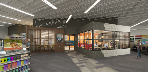 Staples and Workbar announce a new collaboration to offer shared work spaces within select Staples retail locations. The first three custom-designed Workbar spaces at Staples will be opening in Danvers, Norwood and Brighton in late spring, and will offer a mix of high-end workspaces, conference rooms, private phone rooms and more. Shown, an artist rendering of the Brighton location. (Image credit: Staples/Workbar)