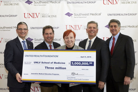 UnitedHealth Group executives join UNLV leadership and elected officials for a check presentation during an event announcing a $3 million grant from United Health Foundation to UNLV’s new medical school. L to R: U.S. Rep. Joe Heck; Len Jessup, UNLV President; Dr. Barbara Atkinson, Founding Dean, UNLV School of Medicine; Jack Larsen, Executive Vice President of OptumCare; and Don Giancursio, CEO of UnitedHealthcare in Nevada (Photo: R. Marsh Starks).
