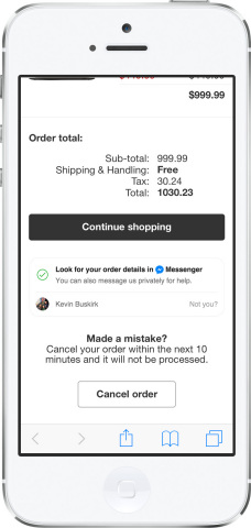 Customers are able to opt-in to receive personalized updates, like order confirmation and shipment notifications, directly in Messenger. (Photo: Business Wire)