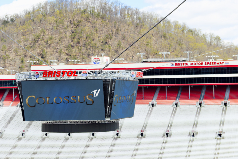 It took 200 workers 155 days to complete Colossus, a feat that included assembling approximately 700 tons of footings, framing, towers and cabling. The screens first came to life Monday, April 11, 2016, and will dazzle fans at the NASCAR Sprint Cup Food City 500. (Photo: Business Wire)