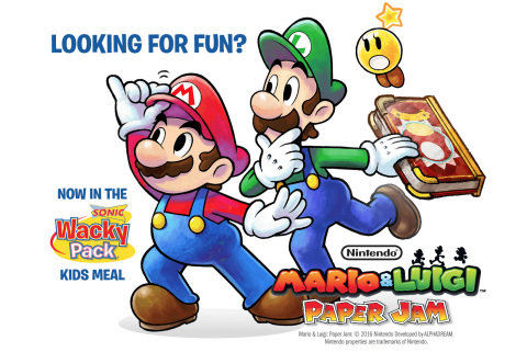 Folks that visit a SONIC® Drive-In between April 19 and June 30 are in for a special Nintendo treat. By ordering a Wacky Pack® – a kids meal that includes a selection of popular items like hot dogs, chicken strips, apple slices and juice – visitors will receive a colorful toy based on the Mario & Luigi: Paper Jam game for the Nintendo 3DS system. (Graphic: Business Wire)