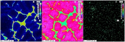 Figure 2: Color mapping images of the Al-5wt.%Cu+0.3wt.%C alloy with carbon additives (left to right) (a) Copper (Cu), (b) Aluminum (Al) and (c) Carbon (C) (Graphic: Business Wire)