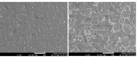 Figure 1: Comparison of photographs of alloy structures with and without carbon additives.
It was observed that adding carbon increases the whitish area and makes the structure microscopic. Photographs of alloy structures (from left) (a) Al-5wt.%Cu (without carbon) and (b) Al-5wt.%Cu+0.3wt.%C (with carbon) (Graphic: Business Wire)