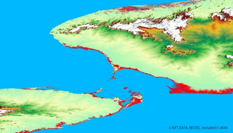 Utilization image of AW3D(TM) for global scale disaster mitigation (damage prediction of giant tsunami) (Graphic: Business Wire) 