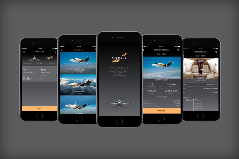 Clients using the Skyjet App (pictured) can select the exact type of jet they need from a custom fleet, see the price and book their aircraft instantly. (Photo: Business Wire)