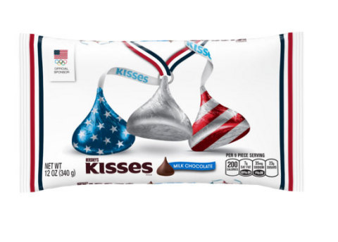The 12-oz bags of Hershey's Kisses Chocolates are individually wrapped in stars and stripes foil as part of the Hershey's patriotic products for Team USA. The Team USA line of products, revealed on Wednesday, April 27th during a special event at Hershey's Chocolate World Attractions in New York City and Hershey, Pennsylvania, are available for purchase for the first time prior to national launch. The suite of patriotic products will be available nationally beginning on May 6, 2016. (Photo: Business Wire)