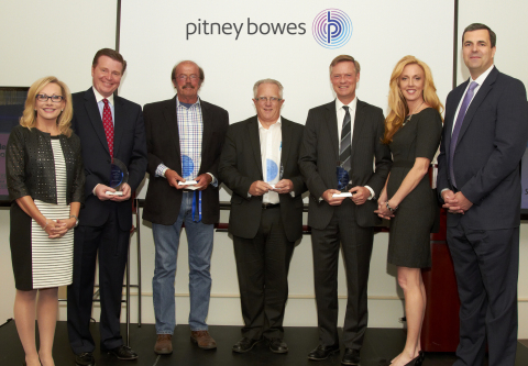 Pitney Bowes Announces Winners of 2016 Brilliance Awards. From left: Debbie Pfeiffer, president, Pitney Bowes Presort Services; Tom DeRosa, senior vice president, FIS Output Solutions; Pat Doyle, owner and president, Barton & Cooney; Paul Jorgensen, director of Output Services, HM Health Solutions; Ben Bomhoff, vice president of Enterprise Systems, Security First Insurance; Marissa Buckley, vice president of marketing, Security First Insurance; and Jason Dies, president, Pitney Bowes Document Messaging Technologies. (Photo: Business Wire)