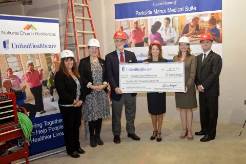 Allison Davenport, CEO, UnitedHealthcare Community Plan of Pennsylvania, presents a $200,000 check to National Church Residences to build a new medical suite at Parkside Manor Apartments in the Brookline neighborhood of Pittsburgh. L to R: Tracey Carns, regional manager, National Church Residences; Katie Colgan, vice president, Government Relations, National Church Residences; Jeff Wolf, senior vice president, Philanthropy, National Church Residences; Michelle Norris, president, National Church Residences Investment Corp.; Davenport of UnitedHealthcare Community Plan (Photo: Melissa Distel).