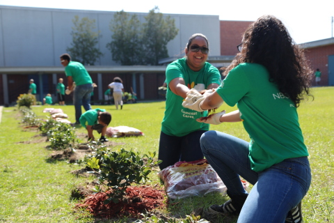 Volunteers plant bushes at Jean Ribault Middle School in Jacksonville, Florida as a part of the 15th annual Comcast Cares Day. (Photo: Business Wire)