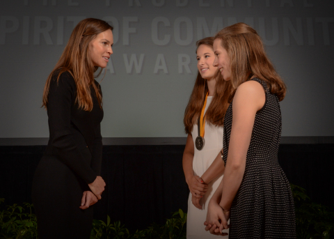 Academy Award-winning actress Hilary Swank congratulates Jenevia Wika, 16, of Anchorage (center) and Isabella Weiss, 14, of Palmer (right) on being named Alaska's top two youth volunteers for 2016 by The Prudential Spirit of Community Awards. Jenevia and Isabella were honored at a ceremony on Sunday, May 1 at the Smithsonian's National Museum of Natural History, where they each received a $1,000 award. (Photo: Zach Harrison Photography)