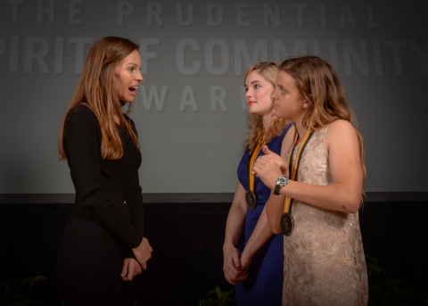 Academy Award-winning actress Hilary Swank congratulates Katelyn Bondhus, 18, of Hot Springs (center) and Shelby Dunphy-Day, 12, of Texarkana (right) on being named Arkansas's top two youth volunteers for 2016 by The Prudential Spirit of Community Awards. Katelyn and Shelby were honored at a ceremony on Sunday, May 1 at the Smithsonian's National Museum of Natural History, where they each received a $1,000 award. (Photo: Zach Harrison Photography)