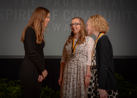 Academy Award-winning actress Hilary Swank congratulates Allison Ockenfels, 18, of Wellman (center) and Clare Szalkowski, 10, of Dubuque (right) on being named Iowa's top two youth volunteers for 2016 by The Prudential Spirit of Community Awards. Allison and Clare were honored at a ceremony on Sunday, May 1 at the Smithsonian's National Museum of Natural History, where they each received a $1,000 award. (Photo: Zach Harrison Photography)