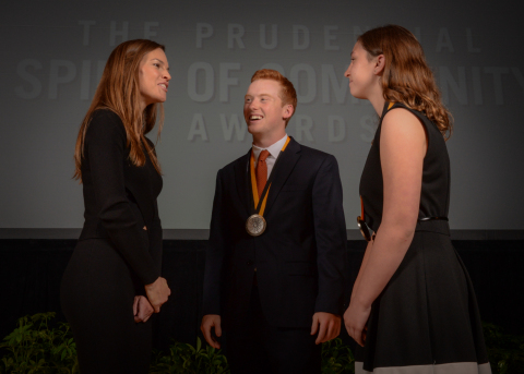 Academy Award-winning actress Hilary Swank congratulates Luke Pitsenbarger, 18, of Salisbury (center) and Alyssa Gerhart, 13, of Waldorf (right) on being named Maryland's top two youth volunteers for 2016 by The Prudential Spirit of Community Awards. Luke and Alyssa were honored at a ceremony on Sunday, May 1 at the Smithsonian's National Museum of Natural History, where they each received a $1,000 award. (Photo: Zach Harrison Photography)