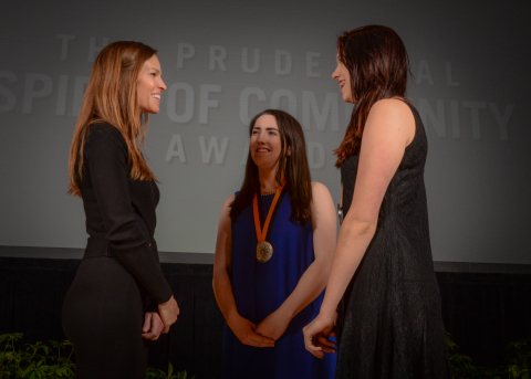 Academy Award-winning actress Hilary Swank congratulates Katie Curran, 18, of Pocasset (center) and Lauren Eppinger, 14, of Grafton (right) on being named Massachusetts's top two youth volunteers for 2016 by The Prudential Spirit of Community Awards. Katie and Lauren were honored at a ceremony on Sunday, May 1 at the Smithsonian's National Museum of Natural History, where they each received a $1,000 award. (Photo: Zach Harrison Photography)