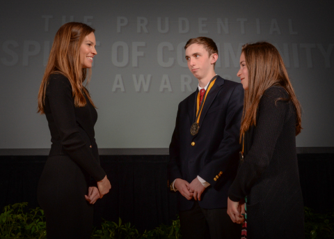 Academy Award-winning actress Hilary Swank congratulates Dale (Trip) Apley, 16, of Ann Arbor (center) and Aubrey Cohoon, 12, of Spring Lake (right) on being named Michigan's top two youth volunteers for 2016 by The Prudential Spirit of Community Awards. Trip and Aubrey were honored at a ceremony on Sunday, May 1 at the Smithsonian's National Museum of Natural History, where they each received a $1,000 award. (Photo: Zach Harrison Photography)