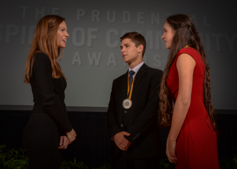 Academy Award-winning actress Hilary Swank congratulates Nathanael Jourdonnais, 18, of Missoula (center) and Berkley Stroh, 14, of Roy (right) on being named Montana's top two youth volunteers for 2016 by The Prudential Spirit of Community Awards. Nathanael and Berkley were honored at a ceremony on Sunday, May 1 at the Smithsonian's National Museum of Natural History, where they each received a $1,000 award. (Photo: Zach Harrison Photography)