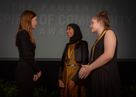 Academy Award-winning actress Hilary Swank congratulates Kiran Waqar, 16, of South Burlington (center) and Miranda Walbridge, 13, of Barre (right) on being named Vermont's top two youth volunteers for 2016 by The Prudential Spirit of Community Awards. Kiran and Miranda were honored at a ceremony on Sunday, May 1 at the Smithsonian's National Museum of Natural History, where they each received a $1,000 award. (Photo: Zach Harrison Photography)