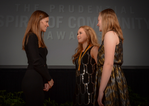 Academy Award-winning actress Hilary Swank congratulates Shelby Specht, 15, of Sioux Falls (center) and Danika Gordon, 14, of Whitewood (right) on being named South Dakota's top two youth volunteers for 2016 by The Prudential Spirit of Community Awards. Shelby and Danika were honored at a ceremony on Sunday, May 1 at the Smithsonian's National Museum of Natural History, where they each received a $1,000 award. (Photo: Zach Harrison Photography)