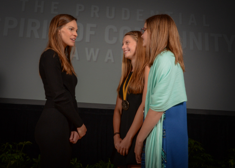 Academy Award-winning actress Hilary Swank congratulates Ariana Luterman, 16, of Dallas (center) and Courtney Janecka, 12, of Woodway (right) on being named Texas's top two youth volunteers for 2016 by The Prudential Spirit of Community Awards. Ariana and Courtney were honored at a ceremony on Sunday, May 1 at the Smithsonian's National Museum of Natural History, where they each received a $1,000 award. (Photo: Zach Harrison Photography)