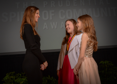 Academy Award-winning actress Hilary Swank congratulates Emma Williams, 17, of Merrimack (center) and Caitlin Shapleigh, 12, of Londonderry (right) on being named New Hampshire's top two youth volunteers for 2016 by The Prudential Spirit of Community Awards. Emma and Caitlin were honored at a ceremony on Sunday, May 1 at the Smithsonian's National Museum of Natural History, where they each received a $1,000 award. (Photo: Zach Harrison Photography)