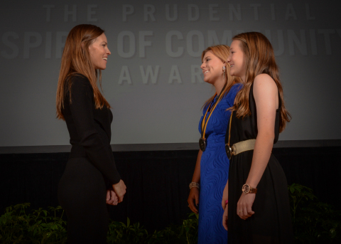 Academy Award-winning actress Hilary Swank congratulates Karigan McCurry, 18, of Gastonia (center) and Abbigail Adler, 14, of Greenville (right) on being named North Carolina's top two youth volunteers for 2016 by The Prudential Spirit of Community Awards. Karigan and Abbigail were honored at a ceremony on Sunday, May 1 at the Smithsonian's National Museum of Natural History, where they each received a $1,000 award. (Photo: Zach Harrison Photography)