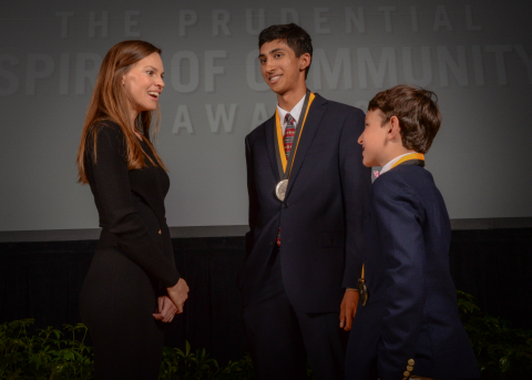 Academy Award-winning actress Hilary Swank congratulates Devin Srivastava, 17, of Spartanburg (center) and Jackson Silverman, 10, of Charleston (right) on being named South Carolina's top two youth volunteers for 2016 by The Prudential Spirit of Community Awards. Devin and Jackson were honored at a ceremony on Sunday, May 1 at the Smithsonian's National Museum of Natural History, where they each received a $1,000 award. (Photo: Zach Harrison Photography)