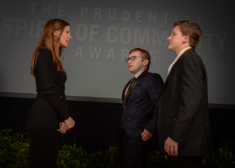 Academy Award-winning actress Hilary Swank congratulates Benjamin Zangoglia, 18, of Old Tappan (center) and Zachary Rice, 13, of Long Valley (right) on being named New Jersey's top two youth volunteers for 2016 by The Prudential Spirit of Community Awards. Benjamin and Zachary were honored at a ceremony on Sunday, May 1 at the Smithsonian's National Museum of Natural History, where they each received a $1,000 award. (Photo: Zach Harrison Photography)