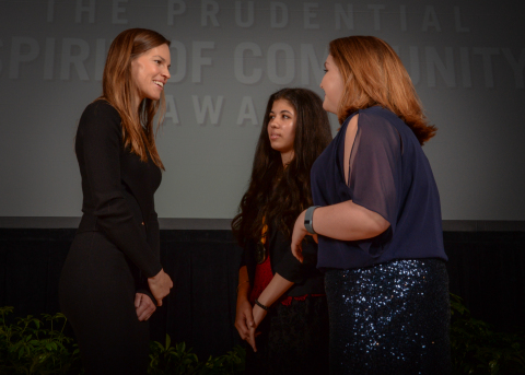 Academy Award-winning actress Hilary Swank congratulates Sofia Salon, 16, of Daniels (center) and Arin Dorsey, 13, of Fayetteville (right) on being named West Virginia's top two youth volunteers for 2016 by The Prudential Spirit of Community Awards. Sofia and Arin were honored at a ceremony on Sunday, May 1 at the Smithsonian's National Museum of Natural History, where they each received a $1,000 award. (Photo: Zach Harrison Photography)