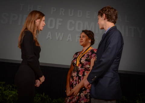 Academy Award-winning actress Hilary Swank congratulates Cameron Estrada, 18, of Roswell (center) and Cody Osborn, 13, of Belen (right) on being named New Mexico's top two youth volunteers for 2016 by The Prudential Spirit of Community Awards. Cameron and Cody were honored at a ceremony on Sunday, May 1 at the Smithsonian's National Museum of Natural History, where they each received a $1,000 award. (Photo: Zach Harrison Photography)