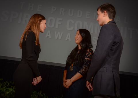 Academy Award-winning actress Hilary Swank congratulates Alisha Zhao, 17, of Portland (center) and Michael Murray, 14, of Lake Oswego (right) on being named Oregon's top two youth volunteers for 2016 by The Prudential Spirit of Community Awards. Alisha and Michael were honored at a ceremony on Sunday, May 1 at the Smithsonian's National Museum of Natural History, where they each received a $1,000 award. (Photo: Zach Harrison Photography)