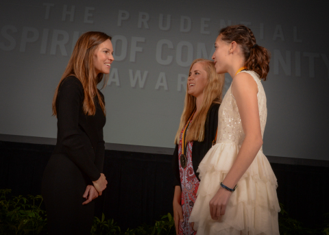 Academy Award-winning actress Hilary Swank congratulates Nicole Steiner, 17, of Parker (center) and Madelene Kleinhans, 14, of Broomfield (right) on being named Colorado's top two youth volunteers for 2016 by The Prudential Spirit of Community Awards. Nicole and Madelene were honored at a ceremony on Sunday, May 1 at the Smithsonian's National Museum of Natural History, where they each received a $1,000 award. (Photo: Zach Harrison Photography)