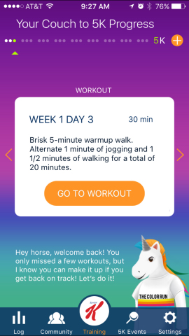 Runicorn, The Color Run's official mascot, has joined the team of coaches included in ACTIVE Network's official Couch to 5K(R) app sponsored by Special K. Runicorn will guide and encourage participants to reach their goal of completing a 5K (3.1 miles). (Graphic: Business Wire)
